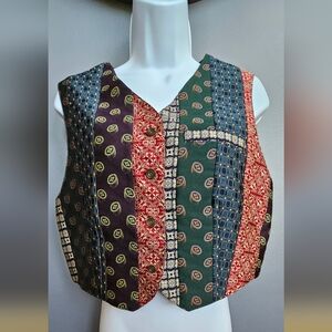 Women's Vintage 80's Vest/Patchwork Print/Quilted/Necktie-Style Panels/